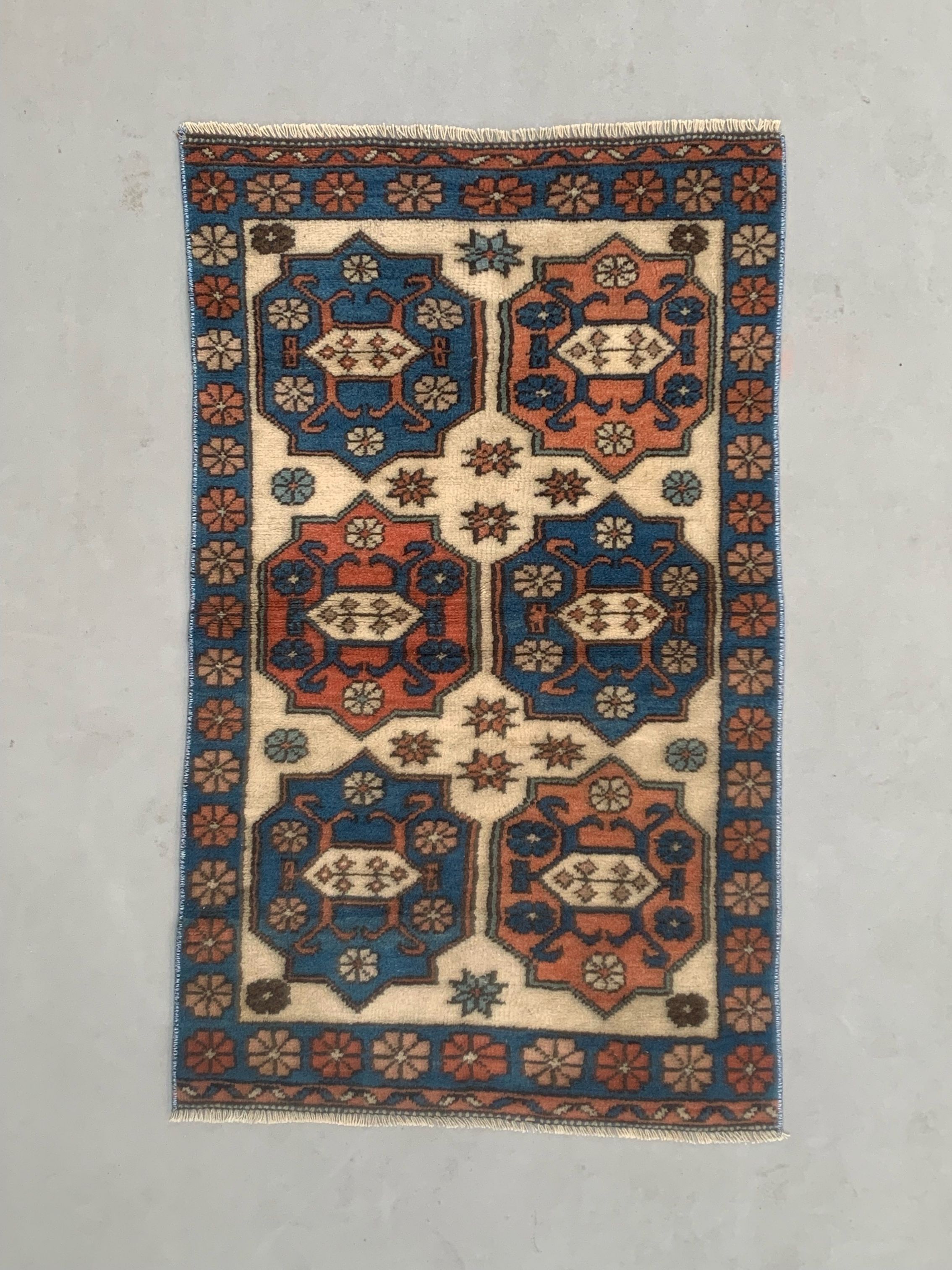 Vintage Turkish Kazak Rug Oriental 135x81 cm Tribal Small Carpet, Red and Blue