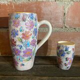 Orangeade Service VALLAURIS Ceramic Flowers Pitcher + 6 Vinta Glasses