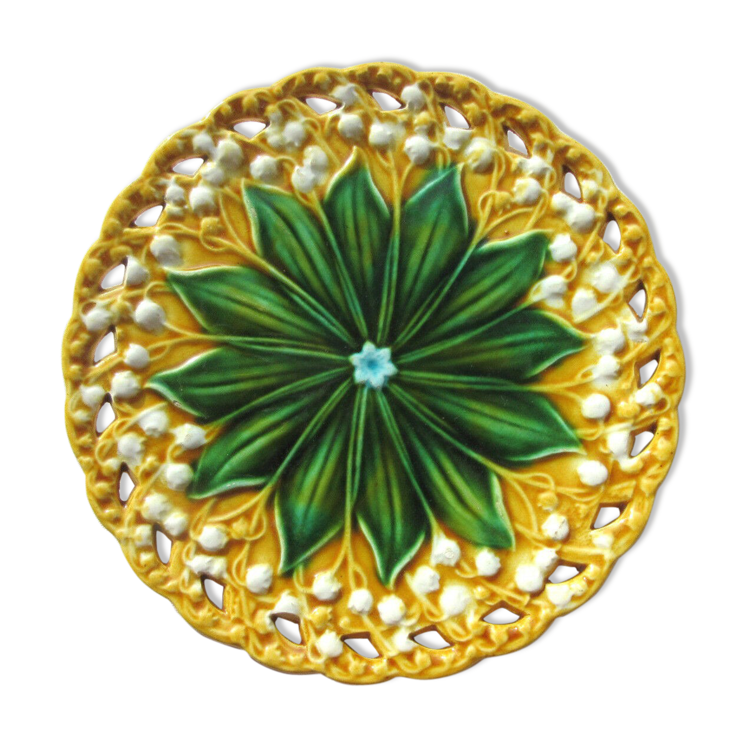 Art Nouveau open dabbling plate, Schramberg: Muguet yellow background