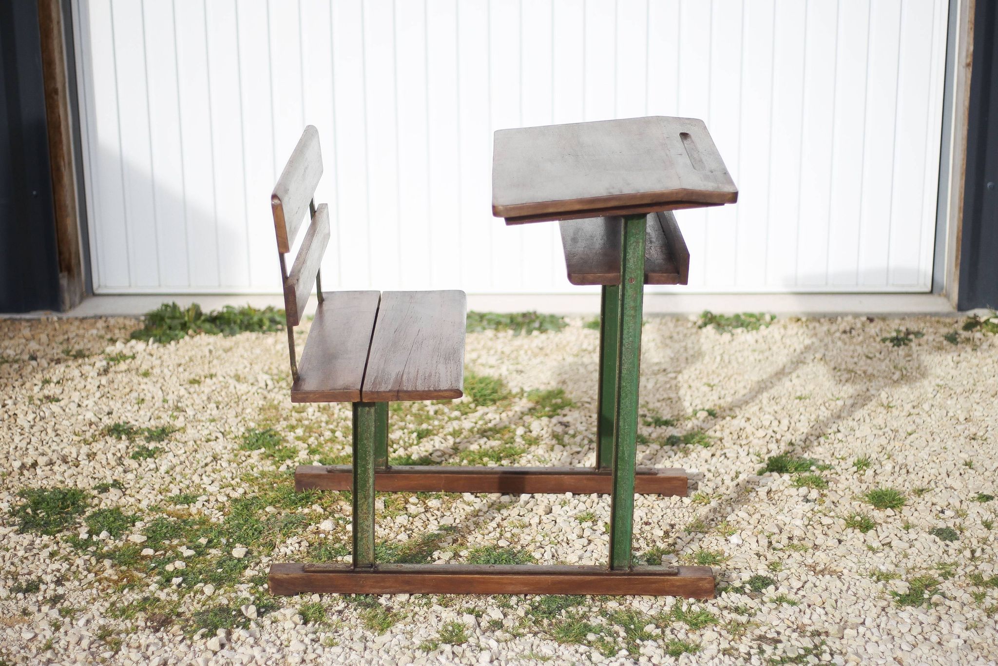 Vintage desk, wooden and metal children's desk, school desk