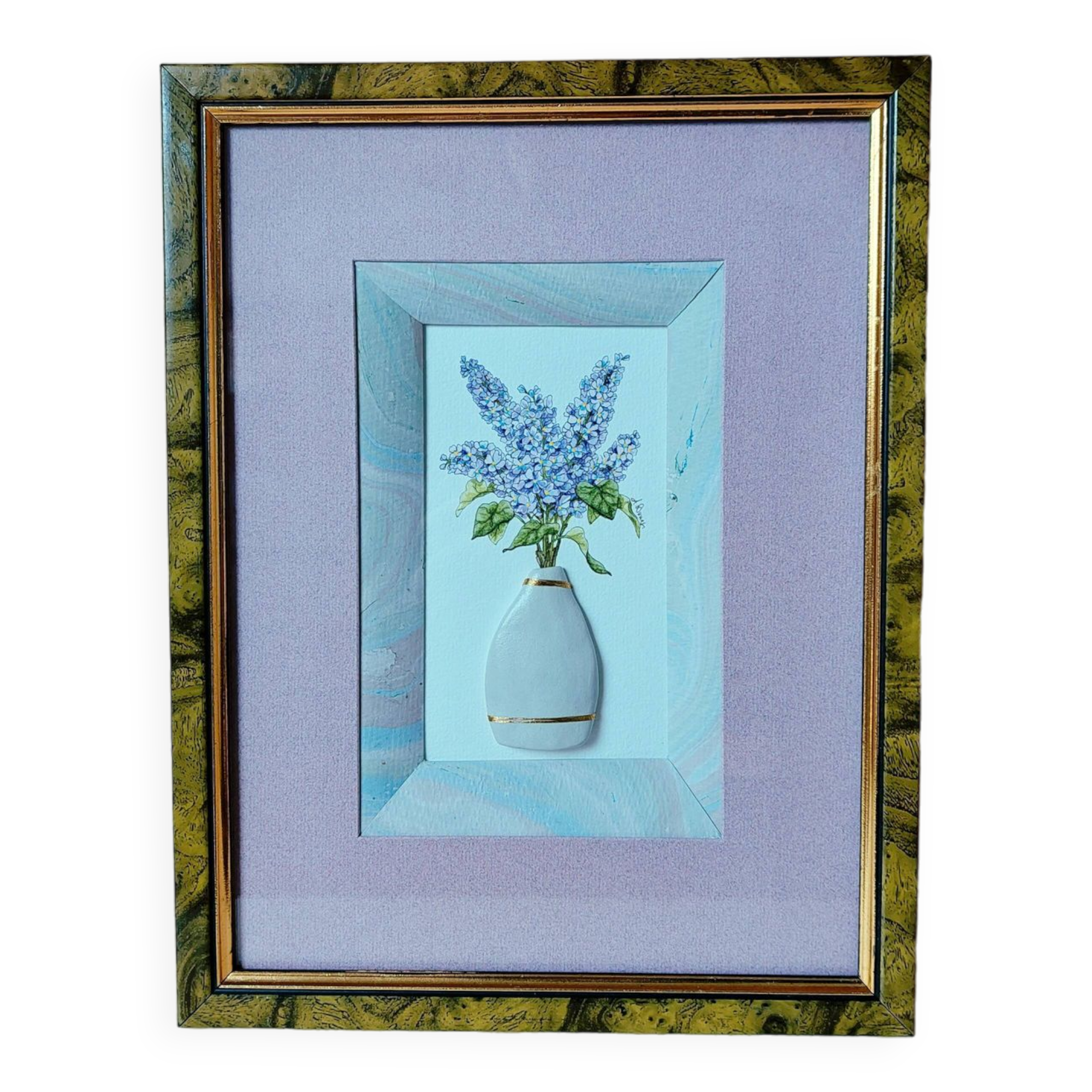 Composition of a watercolor bouquet of lilacs in a handmade clay pot