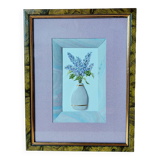 Composition of a watercolor bouquet of lilacs in a handmade clay pot