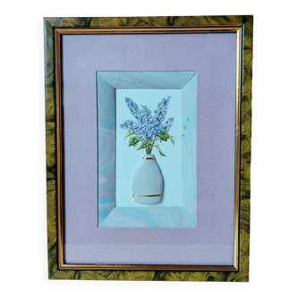 Composition of a watercolor bouquet of lilacs in a handmade clay pot