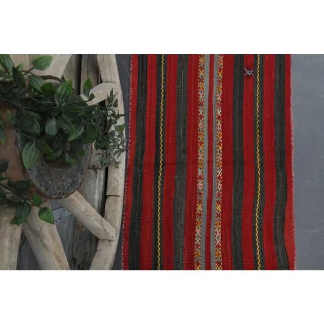 Vintage Turkish Oushak Handmade Wool Cotton Black Red Runner Rug 70x200