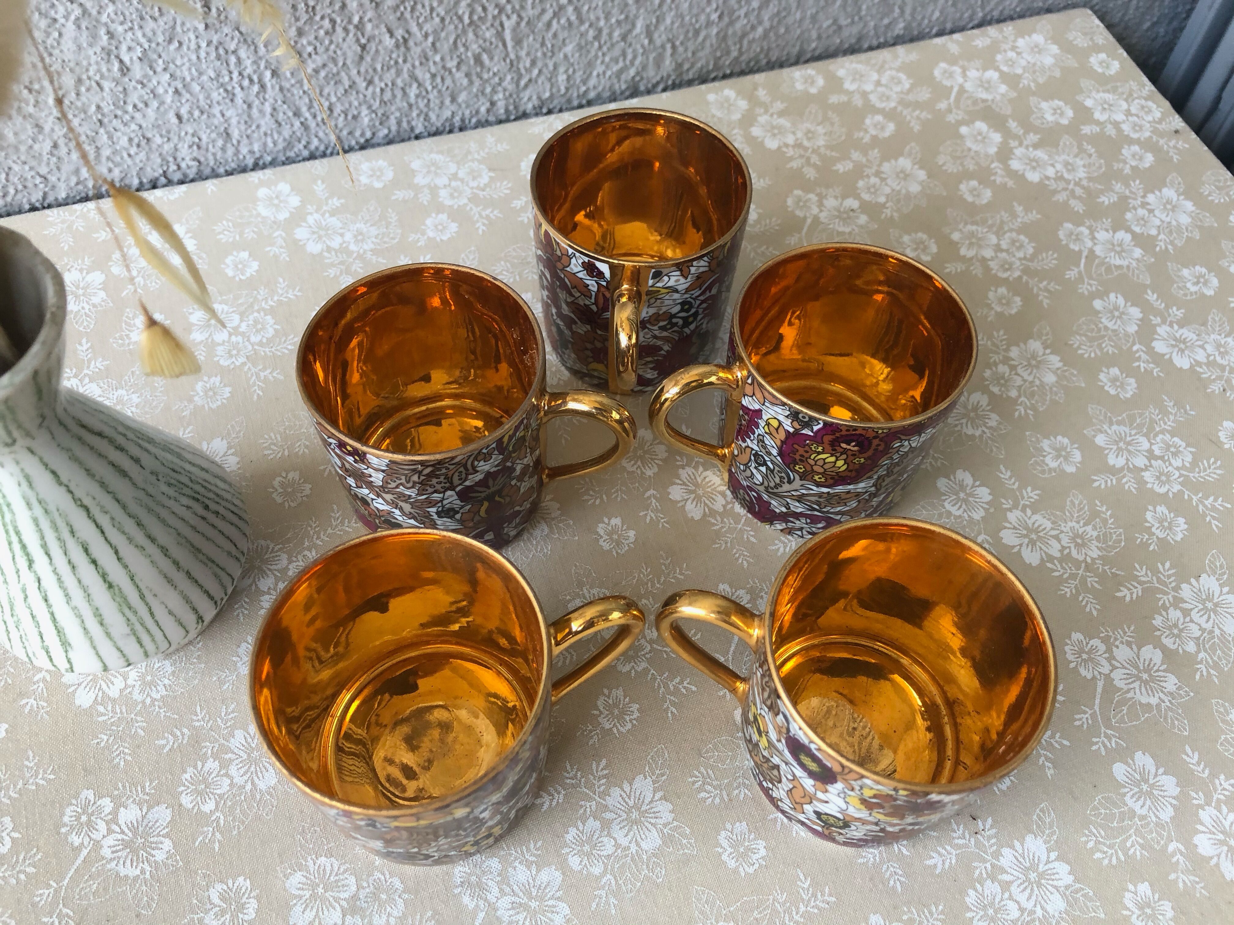 Royal porcelain coffee cups from Luxe inside copper gold cashmere pattern