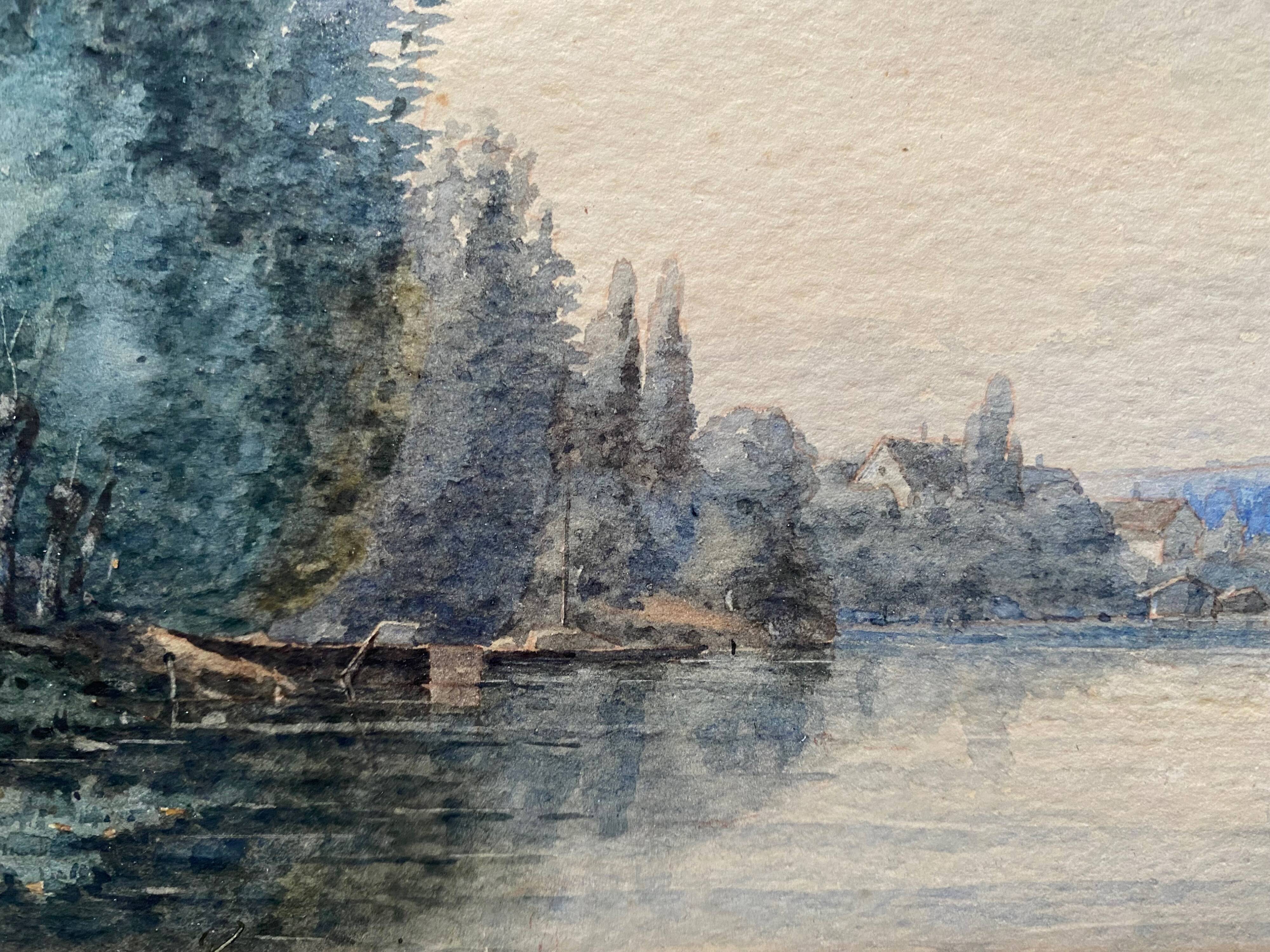 Watercolor painting 1872 "Riverside with fisherman" signed to decipher