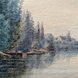 Watercolor painting 1872 "Riverside with fisherman" signed to decipher