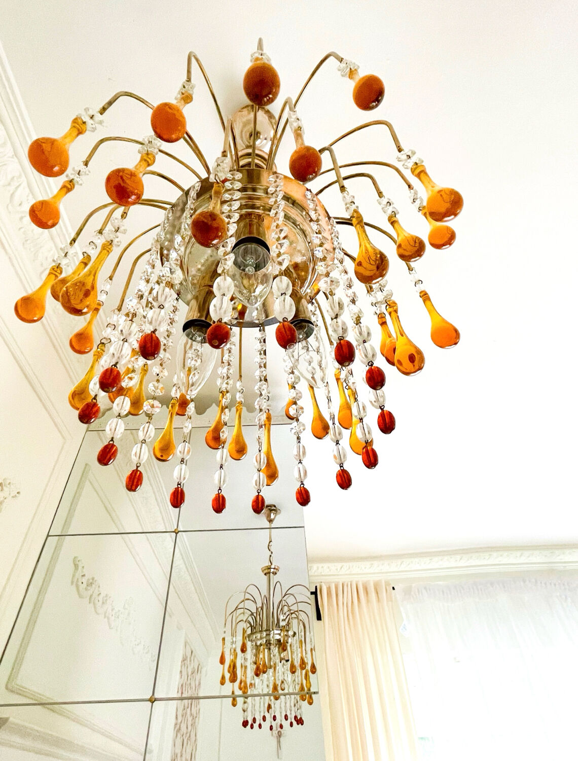 Lustre cascade Murano vintage en verre ambré et cristal, chandelier it