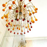 Lustre cascade Murano vintage en verre ambré et cristal, chandelier it