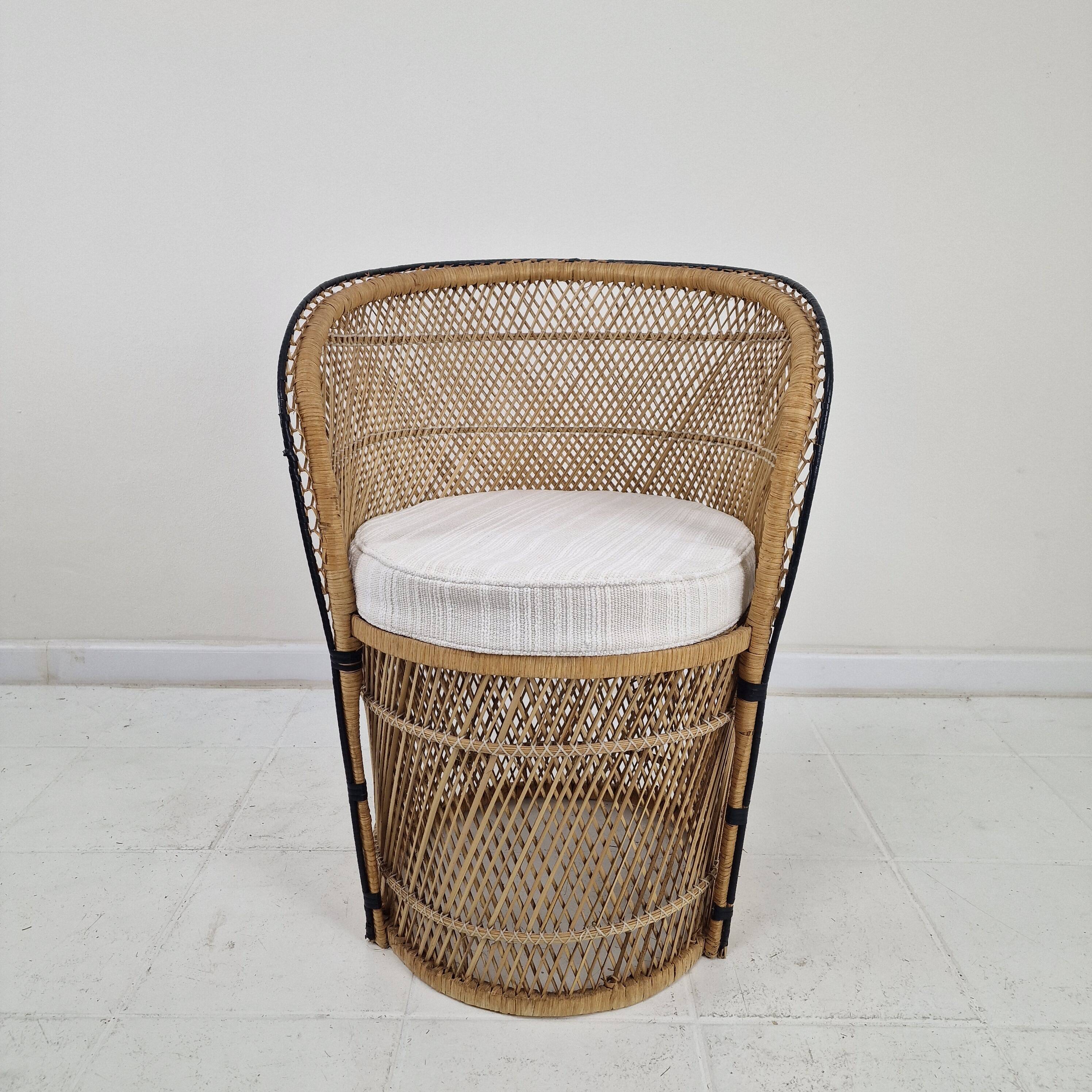Boho Chic Rattan Barrel Chair with Custom Outdoor Cushion 1970's