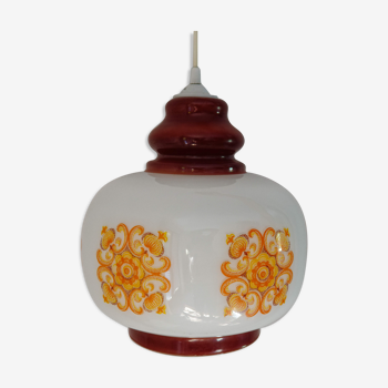 Suspension opaline blanche décor orange années  70