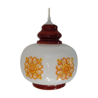 Suspension opaline blanche décor orange années  70