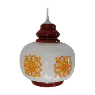 White opaline pendant lamp orange 70s