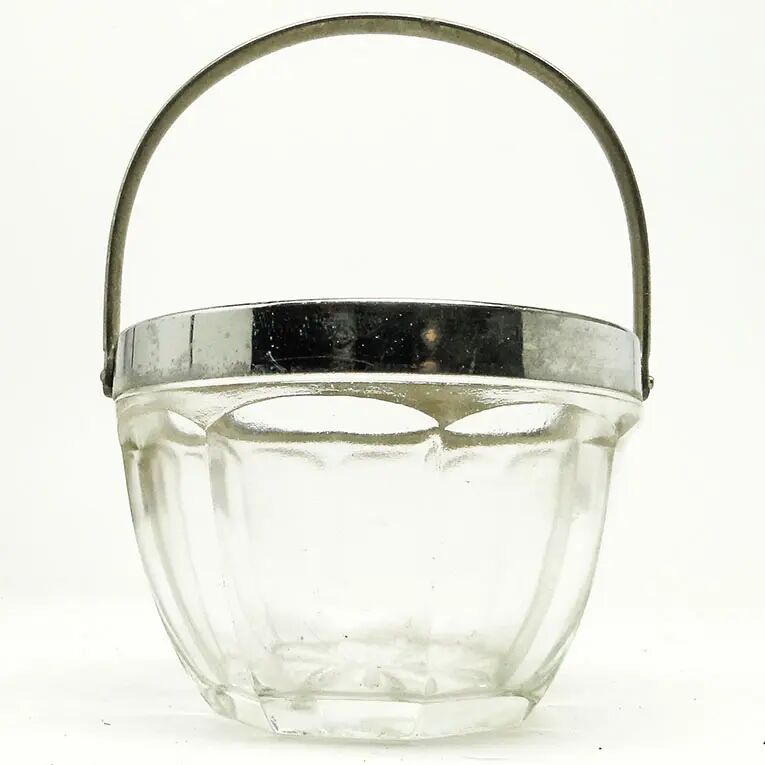 Sucrier Art Déco, verre pressé, laiton chromé, Huta Hortensja, Pologne, années 1950
