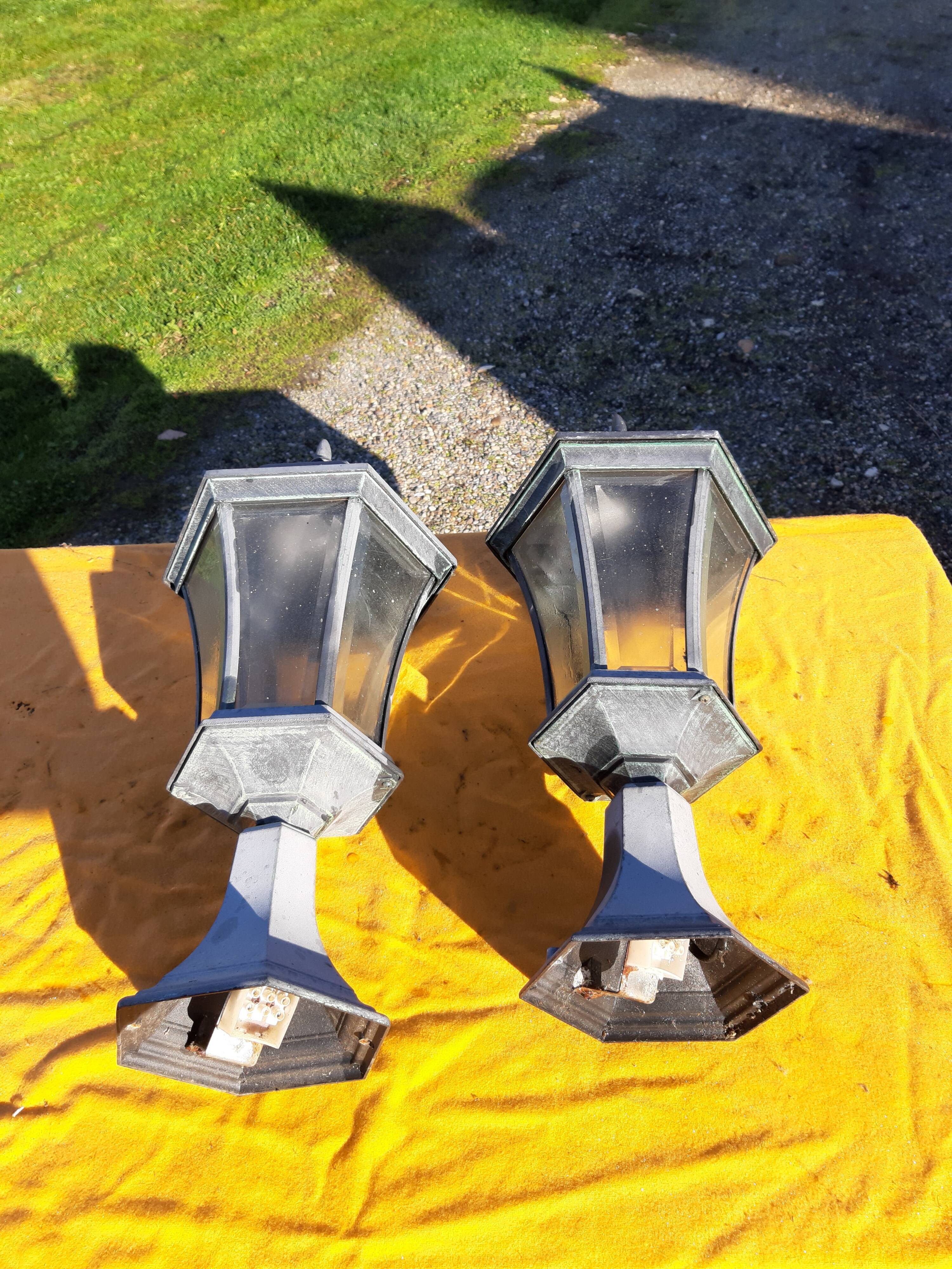 Pair of Outdoor Lamps in Tole and Glass