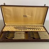 Set of 12 dessert forks and pie server in brown case