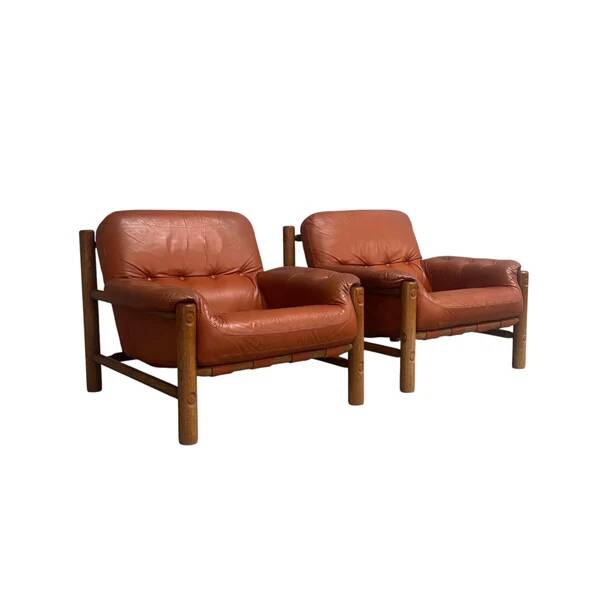 Set brutalist, Brazilian style leather lounge chairs, 1960s