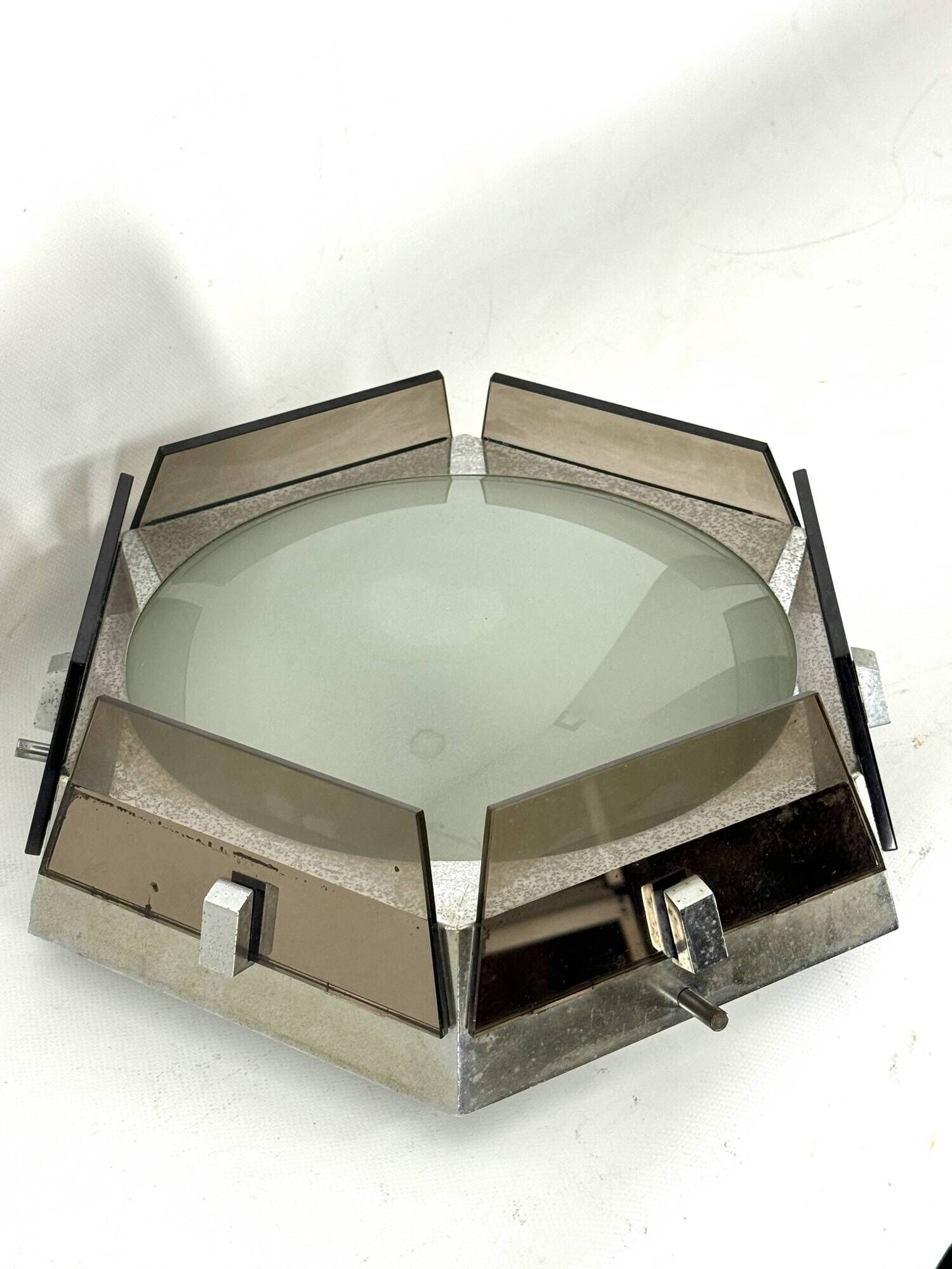 Veca, large exagonal ceiling lamp in glass and chrome. Italy 1970s