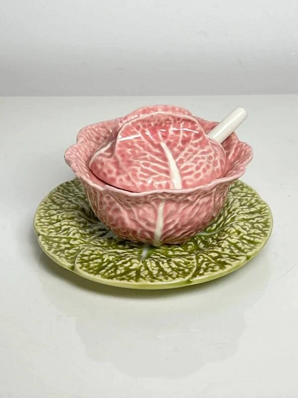 Caldas da Rainha Gravy Boat – Green and Pink Portuguese Earthenware – Handmade – Vintage