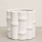 White earthenware flowerpot with bamboo decoration, signed and numbered