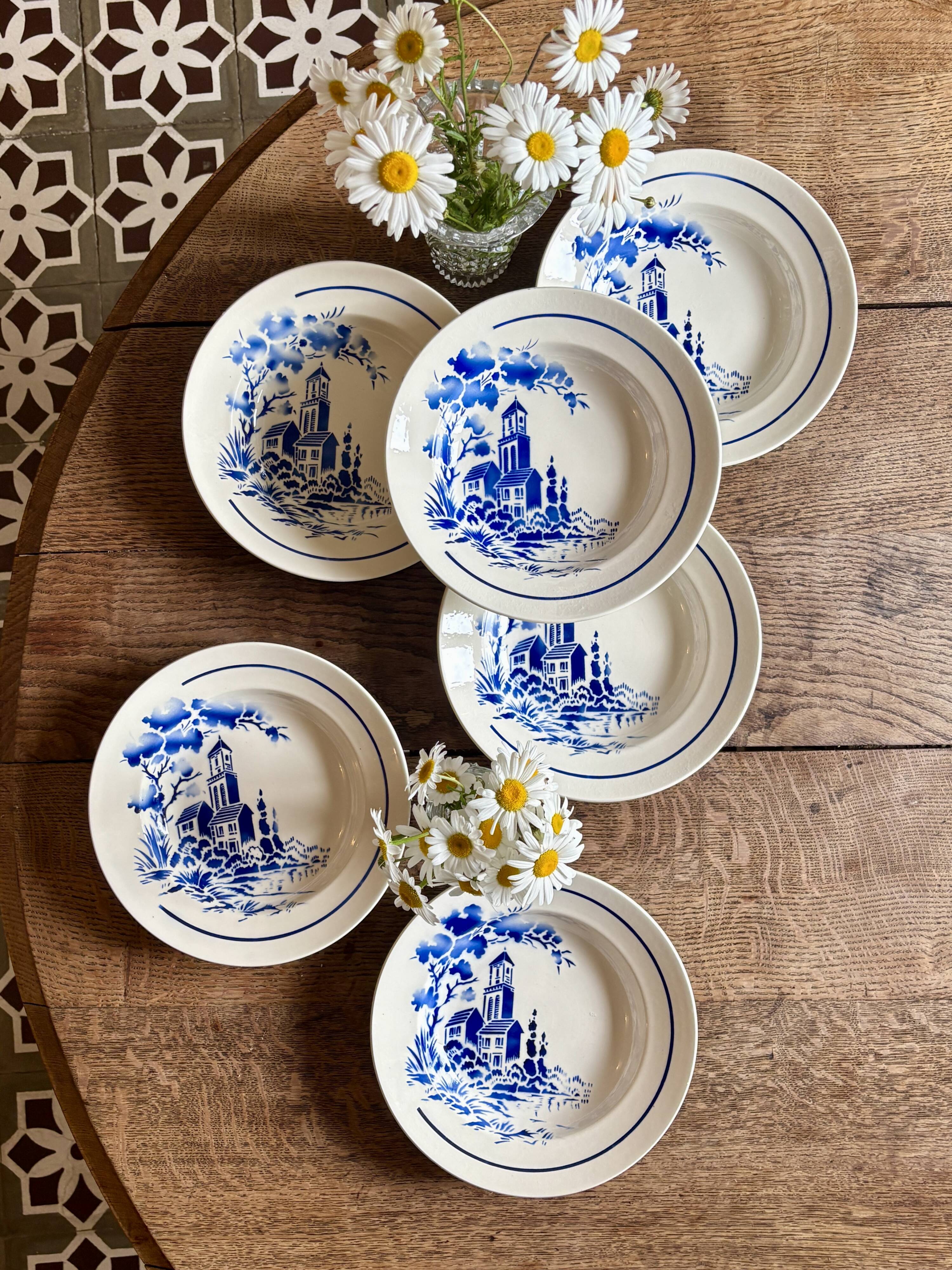 Set of 6 vintage deep plates with village decorations - Badonvillier