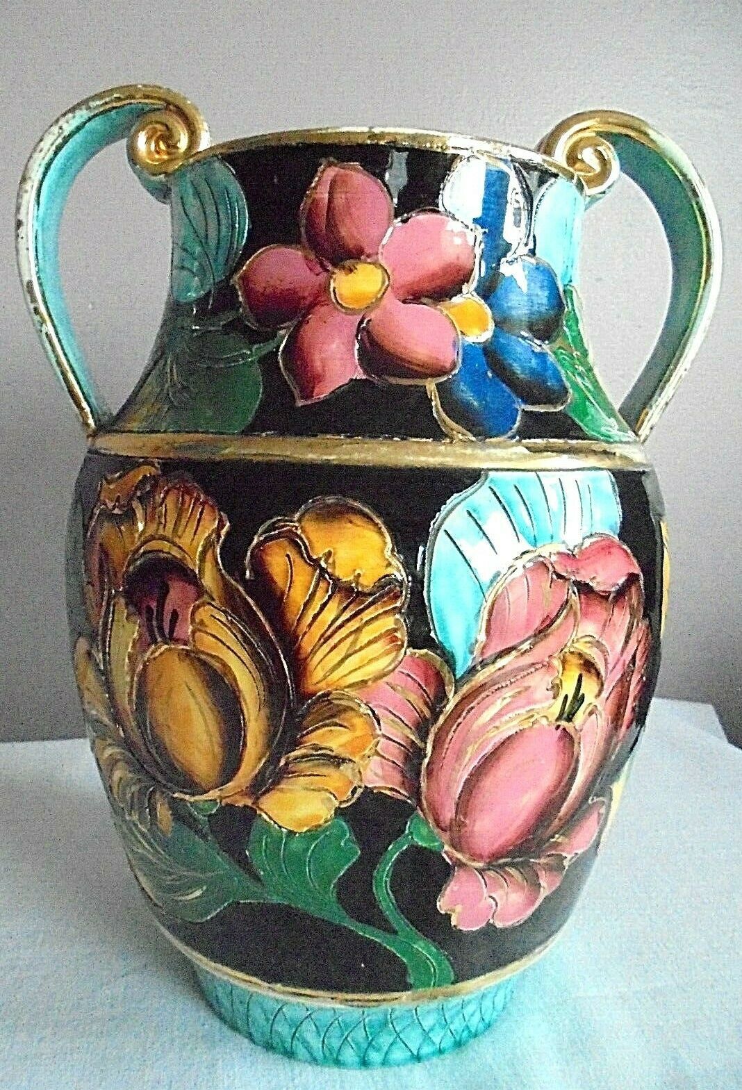 Vase Vallauris Deco hand Patterns flowers with gilding