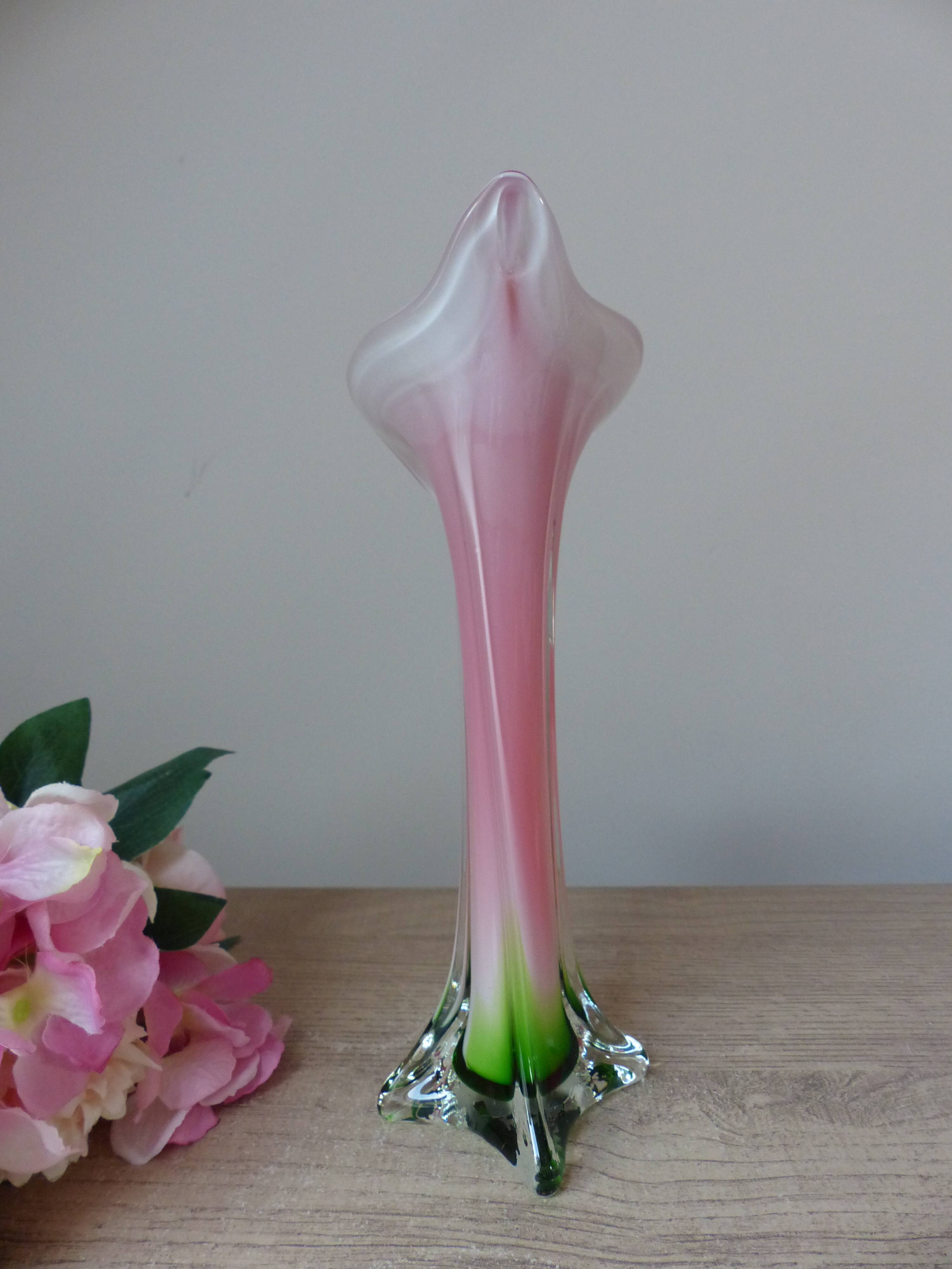 Vintage coloured blown glass vase in the shape of a calla lily.