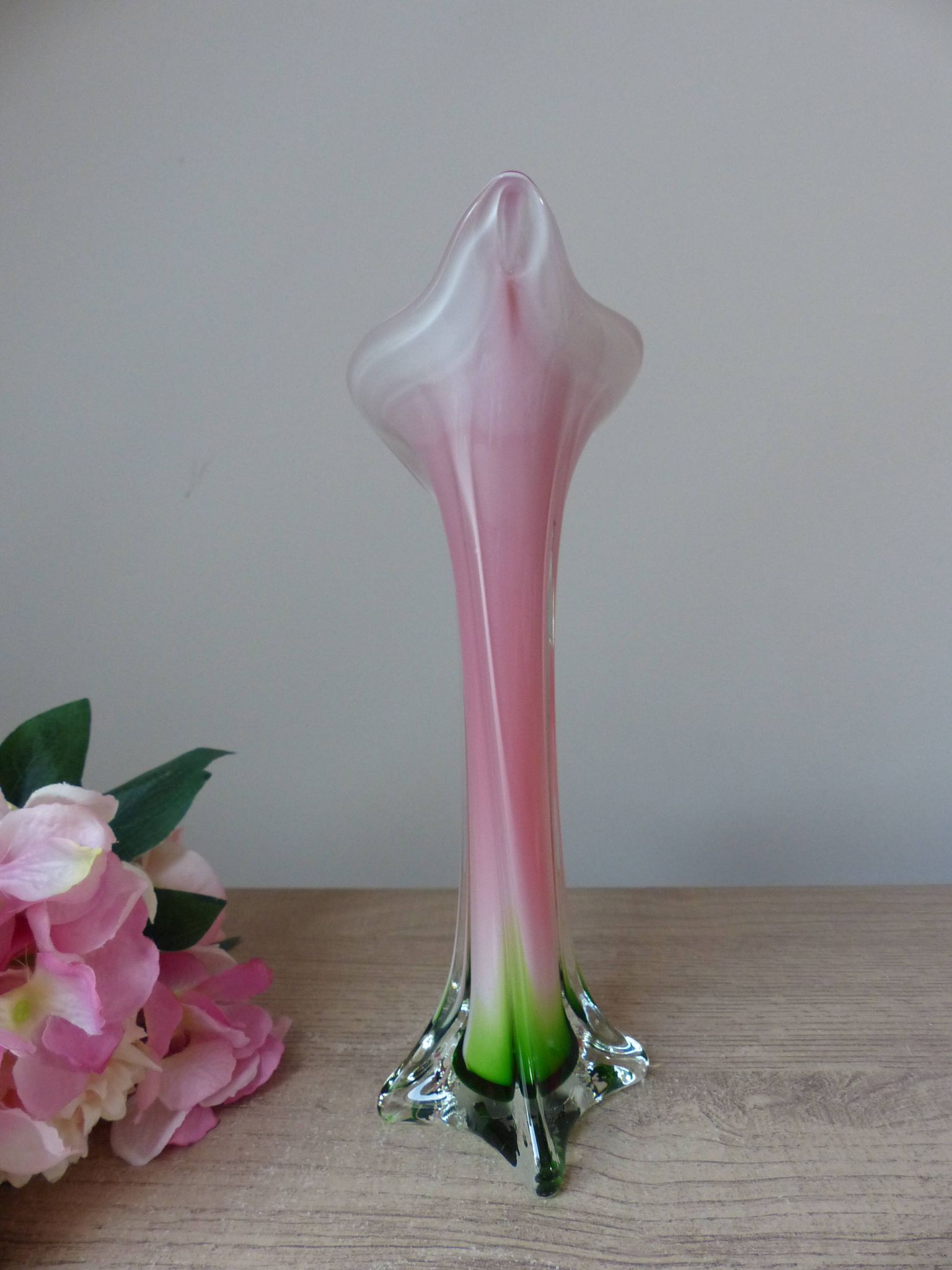 Vintage coloured blown glass vase in the shape of a calla lily.