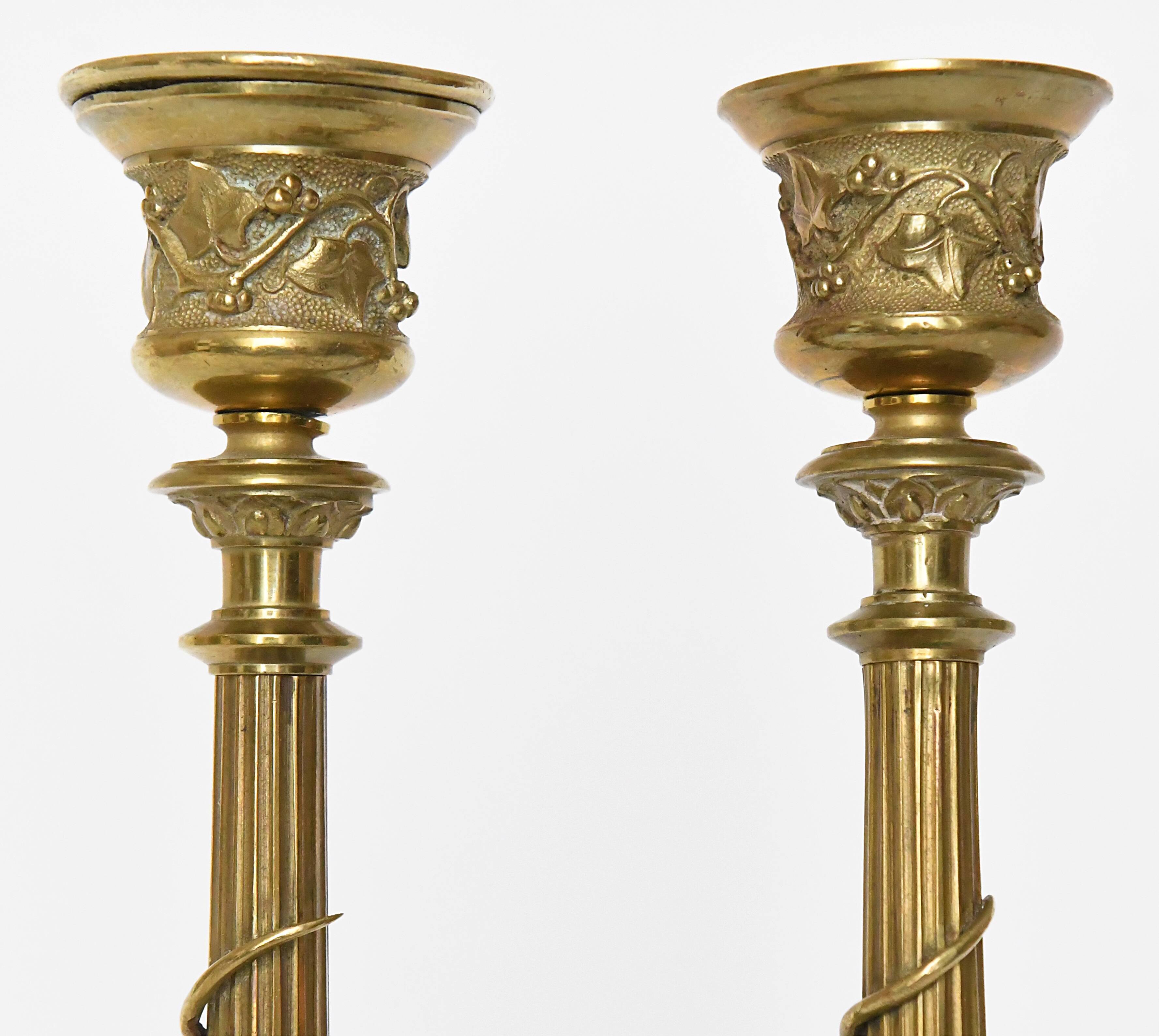 Pair of gilded bronze candlesticks decorated with lizards