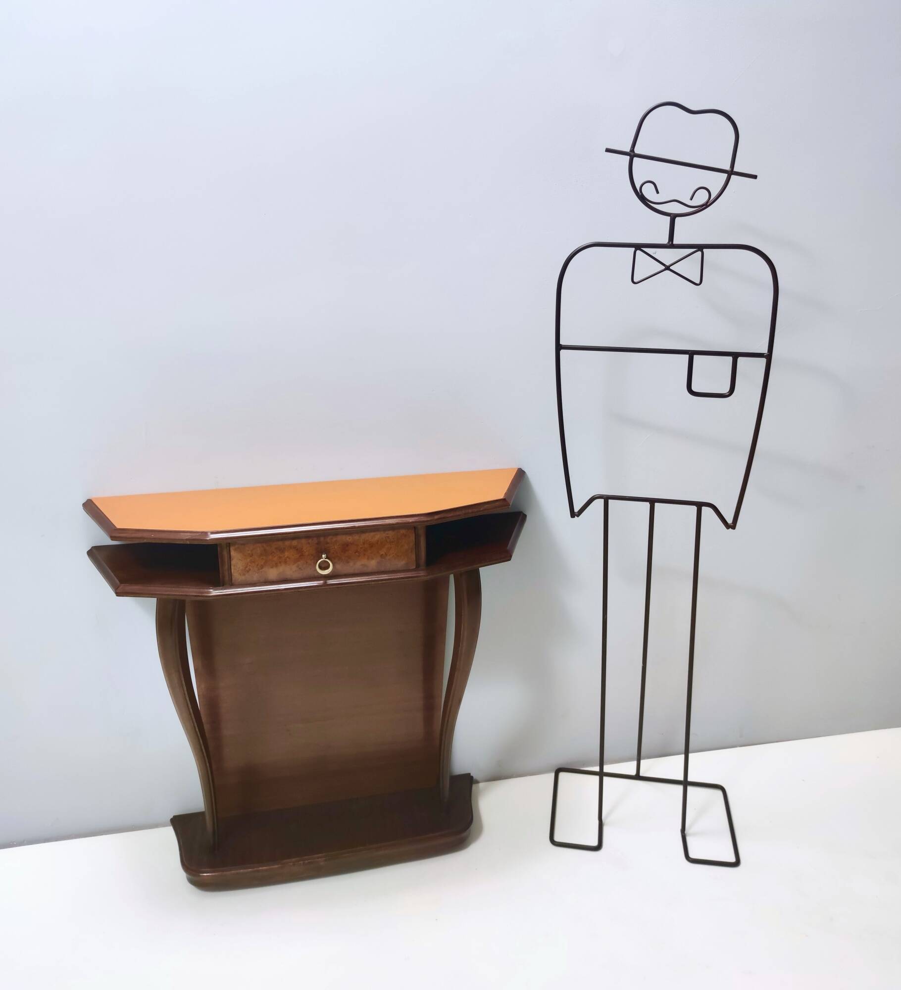 Beech and Walnut Root Console Table with an Orange Glass Top, Italy
