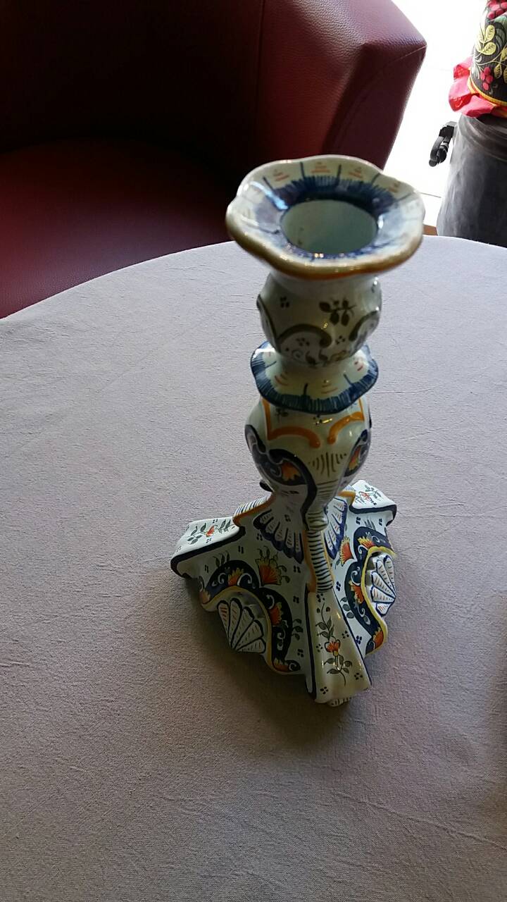 Old pair of candlesticks, earthenware, décor Rouen