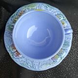 Service à thé, tête à tête, théière + 2 tasses et sous-tasses, faïence de Salins,  barbotine, TBE.