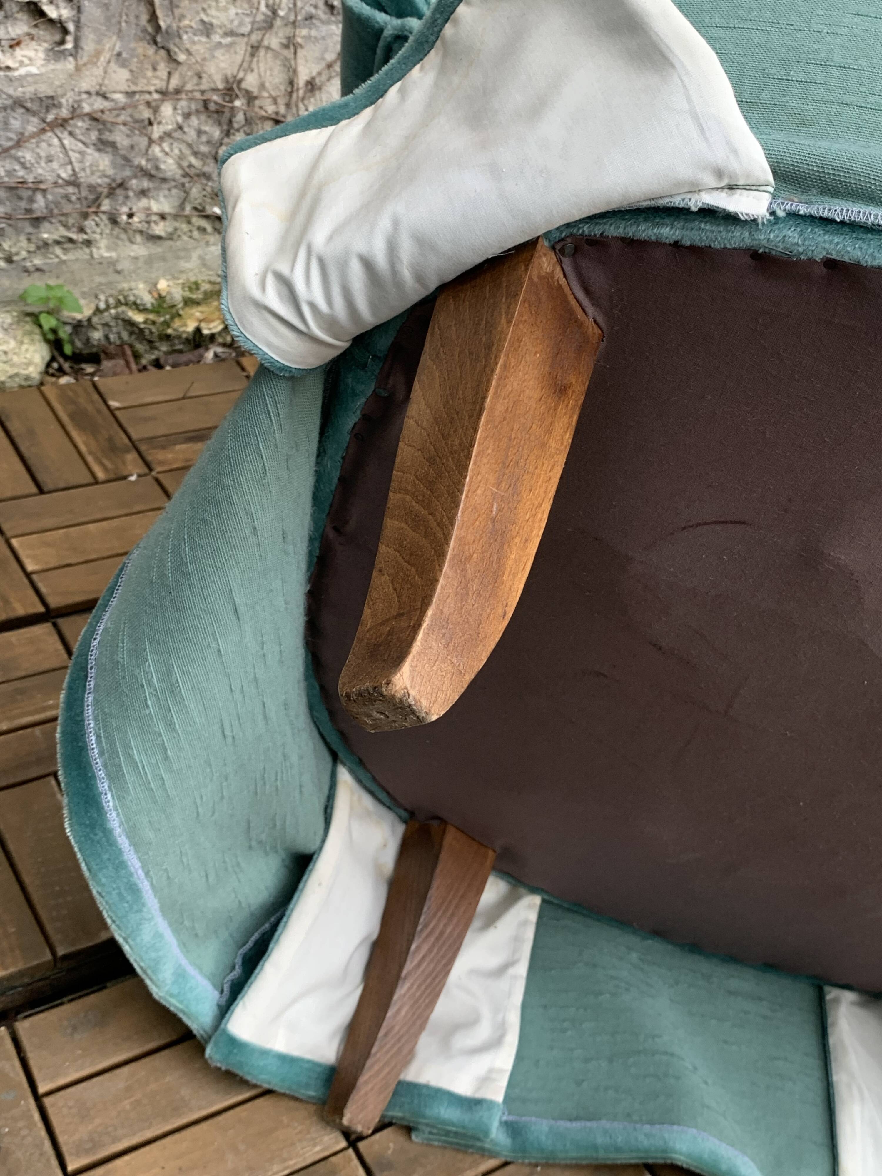 Pair of toad armchairs in water green velvet, 1970