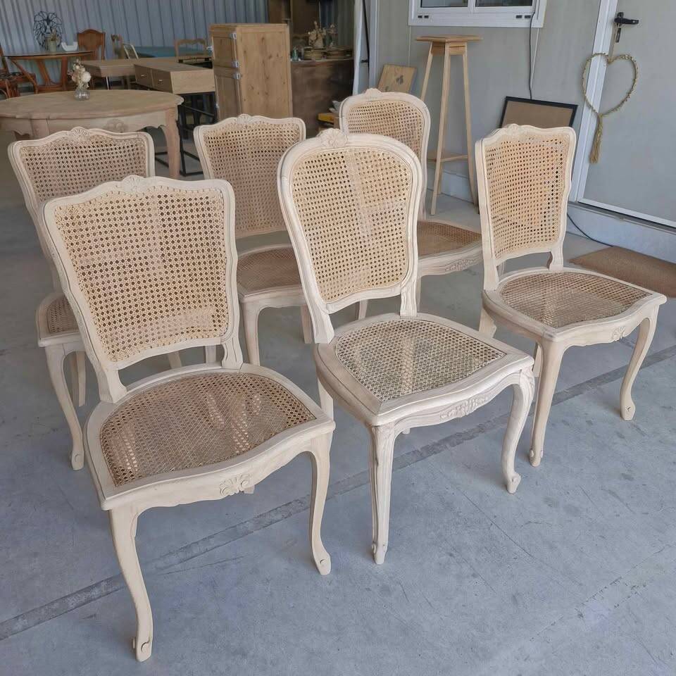 Set of 6 reclaimed solid wood cane chairs