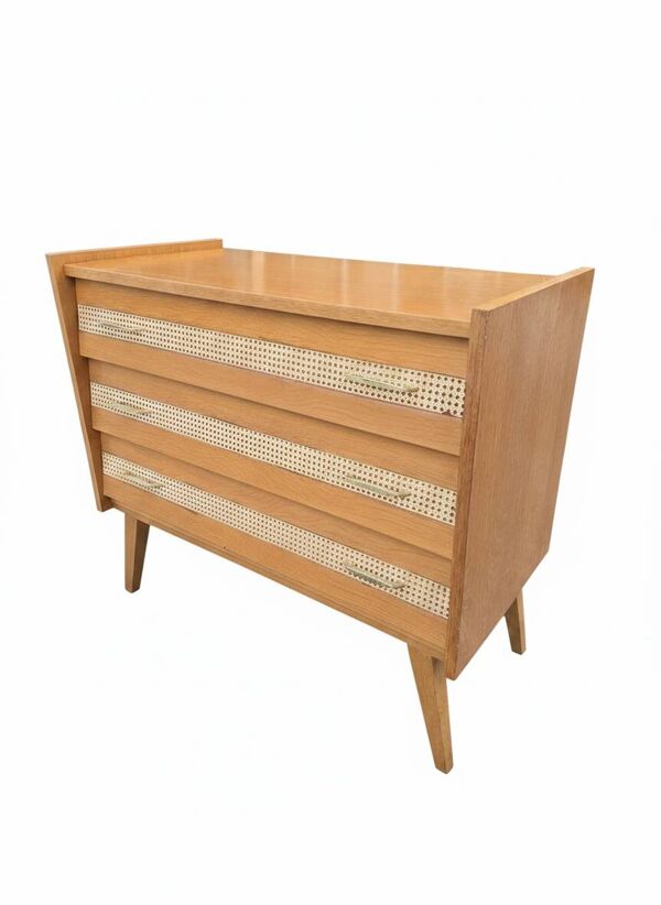 Commode vintage en chêne et cannage des années 60