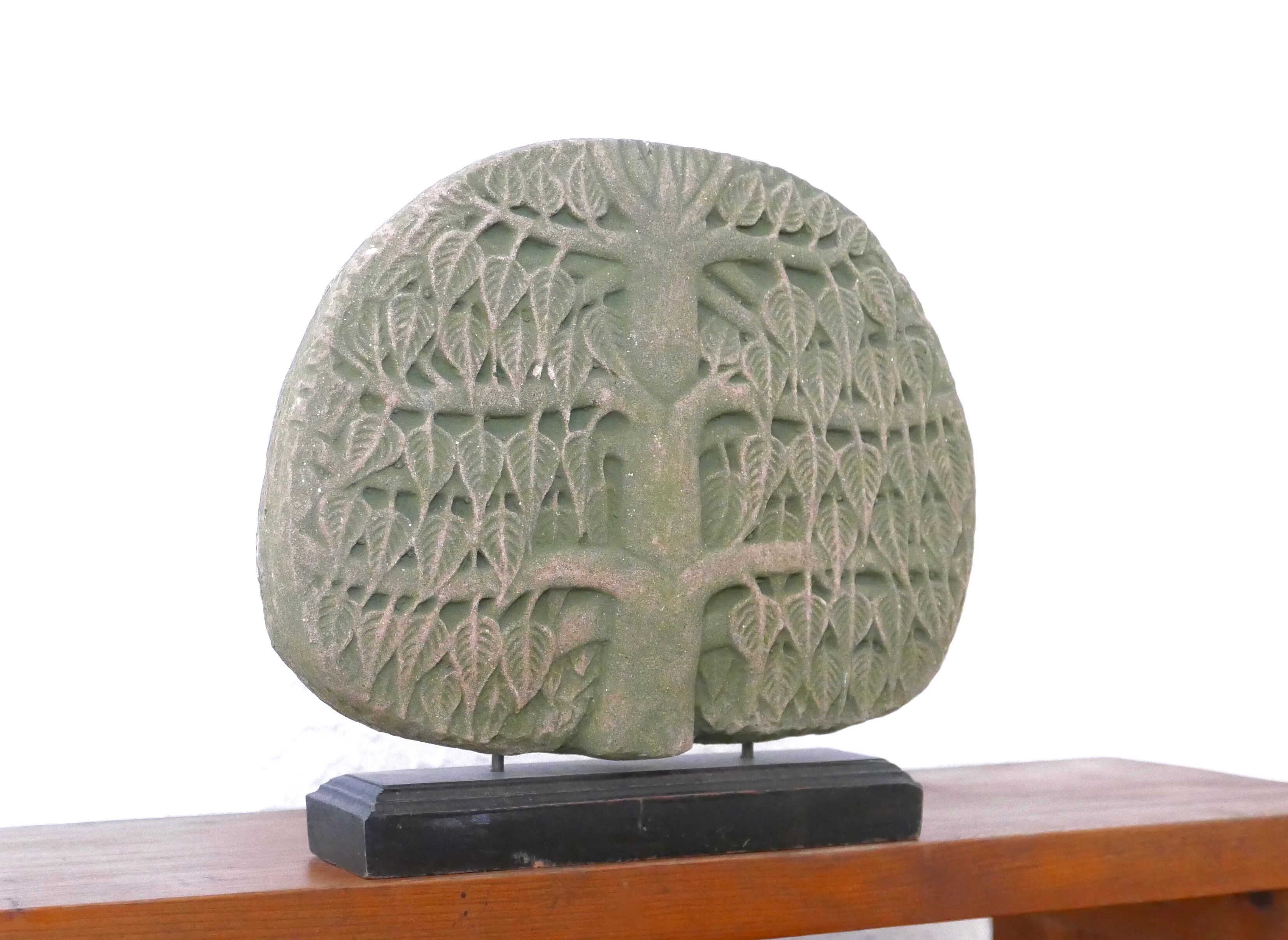 Stone tree sculpture, wooden base, 70s