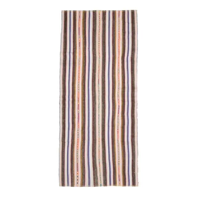 Turkish Vintage Striped Brown Blue Kilim Runner Rug 145x324