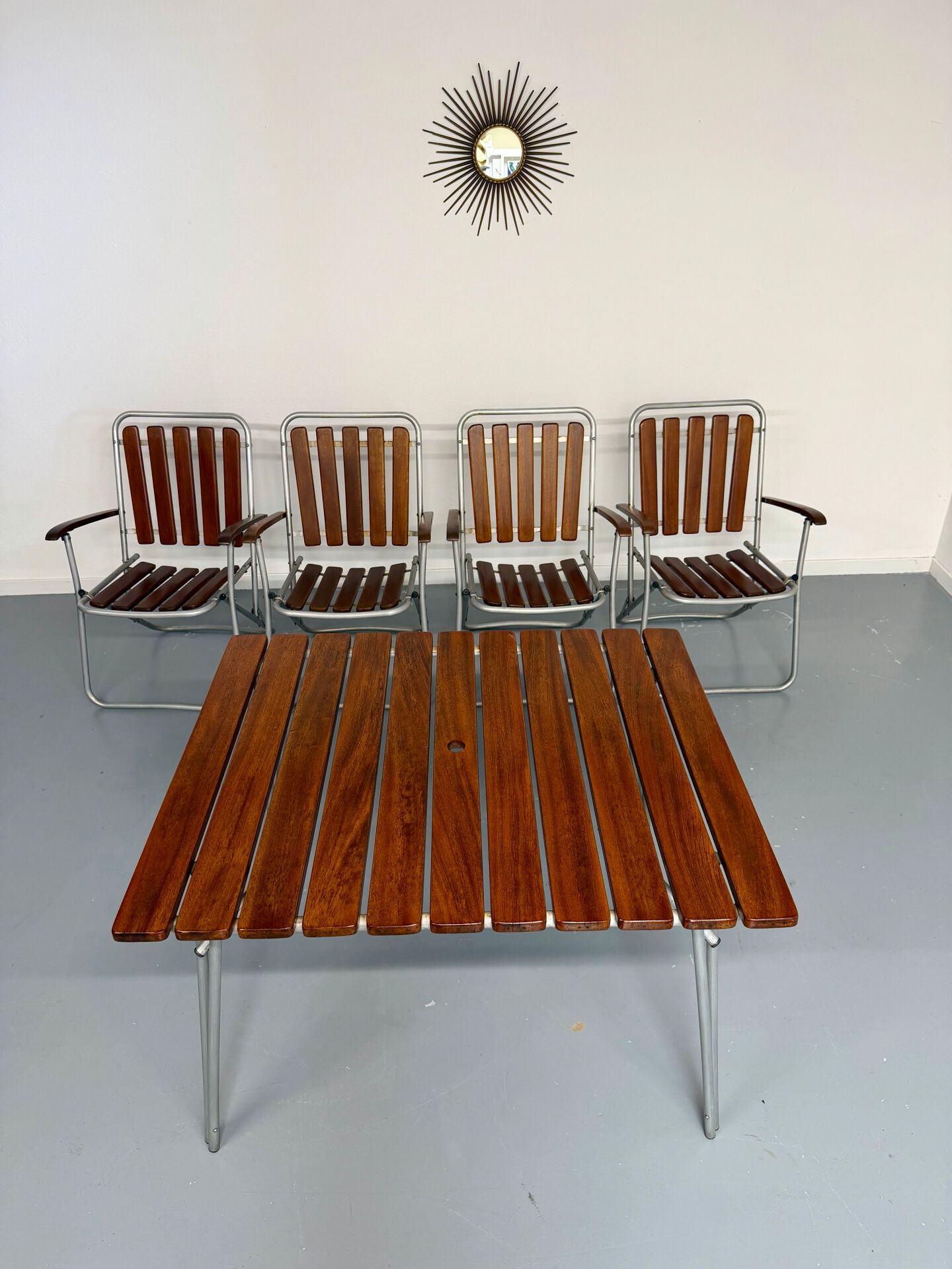 Vintage folding garden set table 4 chairs wood and metal 1960