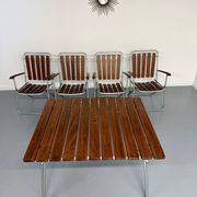 Vintage folding garden set table 4 chairs wood and metal 1960