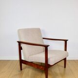 GFM-142 armchair, design by Edmund Homa from the 70s, beige boucle, dark wood - 2 pieces available