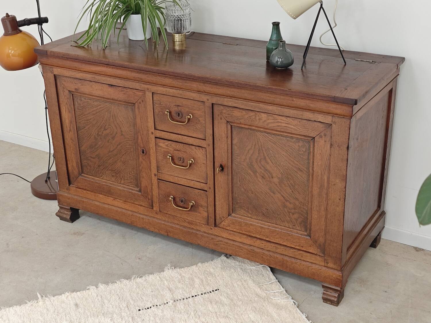 Antique solid wood workbench, dough cabinet from the 18th century.