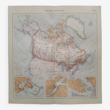 Carte géographique  issue Atlas  Quillet année 1925 : carte Canada  politique Québec Vancouver