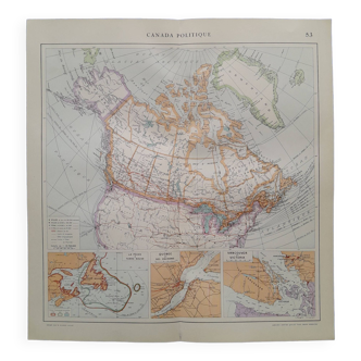 Carte géographique  issue Atlas  Quillet année 1925 : carte Canada  politique Québec Vancouver
