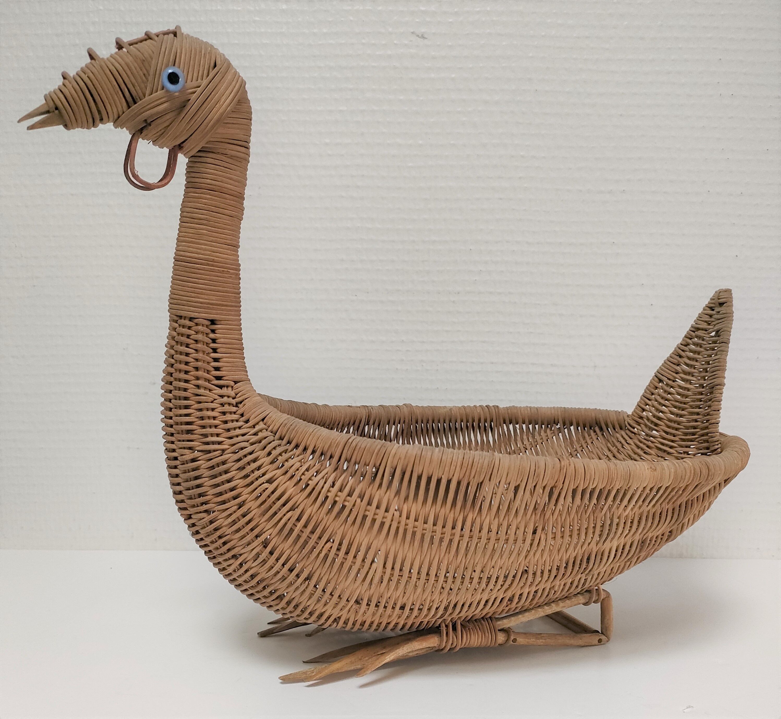 Zoomorphic basket bird, wicker braided vintage