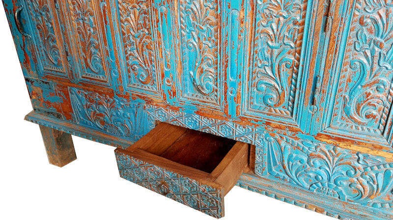 Damchaya Chest Blue Original Piece Old Teak with Secrets 150x108x65cm