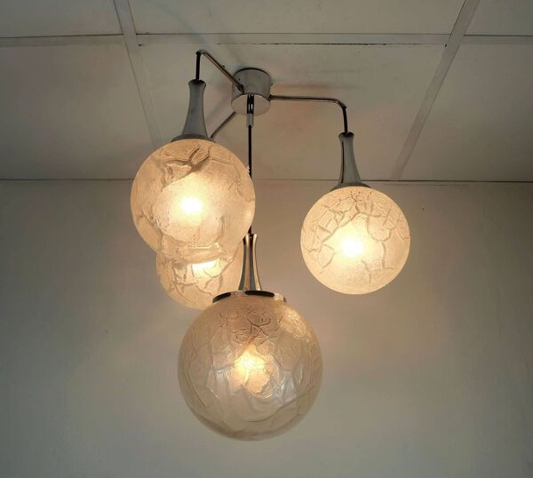 Lampe suspension moderne à 4 lumières en verre et chrome, style milieu du siècle, lumière en cascade, années 1970