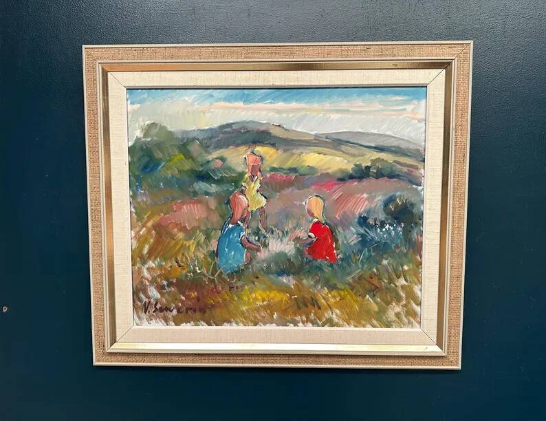 Original Swedish Oil on Canvas - "Children Playing" by Nils Sewerin (1920-1985) - Signed - Vintage and Framed - 77 × 66 cm (30.3" × 26")