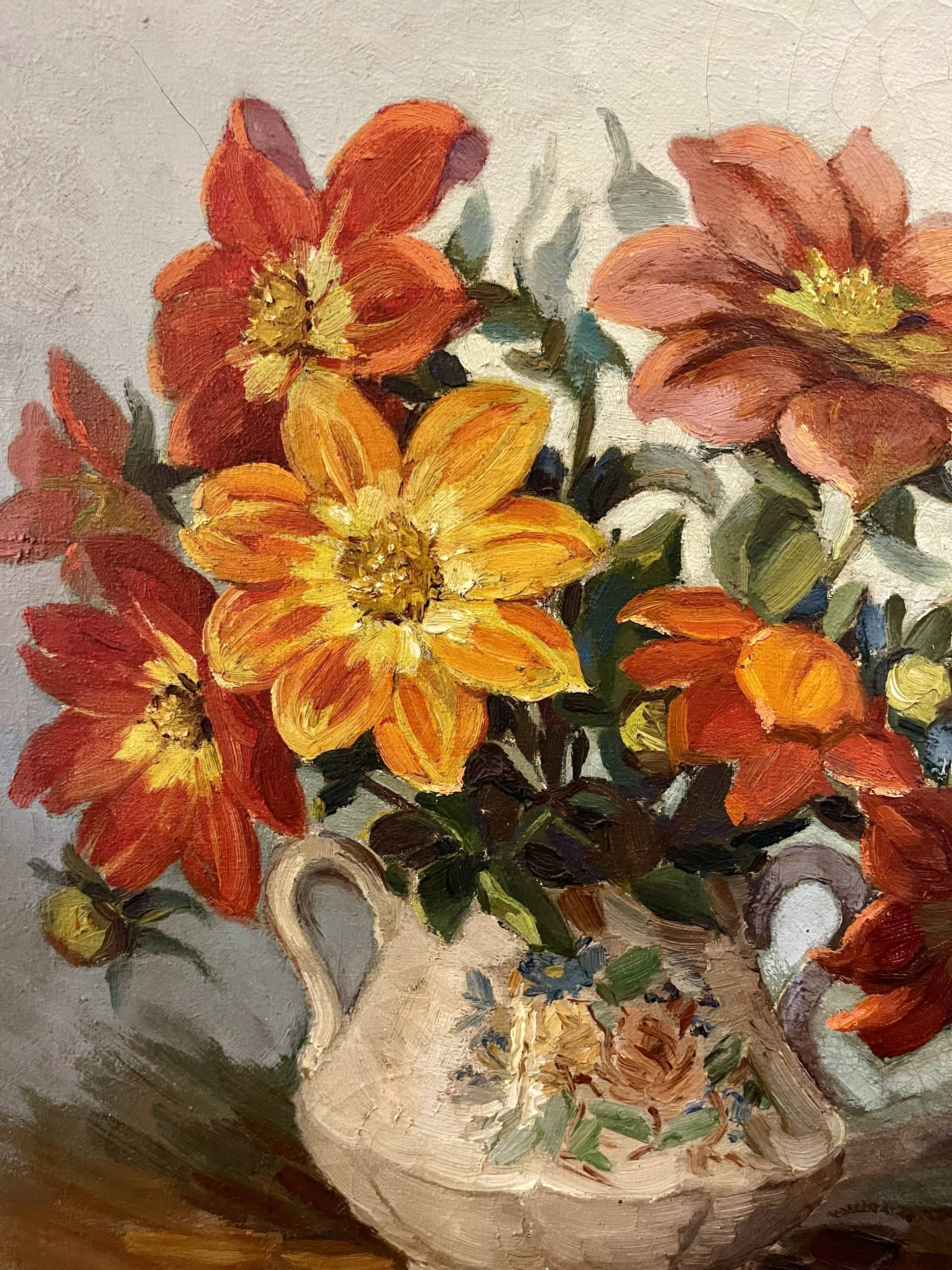 Oil painting on canvas signed Raymond PERISSE - Bouquet of Dahlias - Lorraine painter