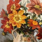 Oil painting on canvas signed Raymond PERISSE - Bouquet of Dahlias - Lorraine painter