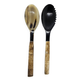 Buffalo horn serving cutlery set with ribbed bone handle